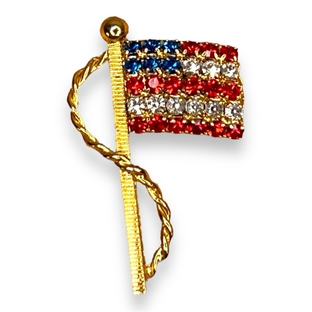 Gold Vintage American Flag Pin Brooch Patriotic Red White Blue Rhinestones